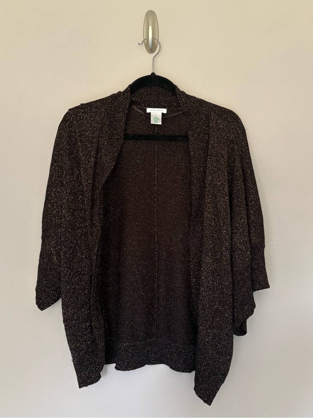 Laura Ashley Open Front Metallic Sweater Cardigan Black Gold Holiday Formal - M